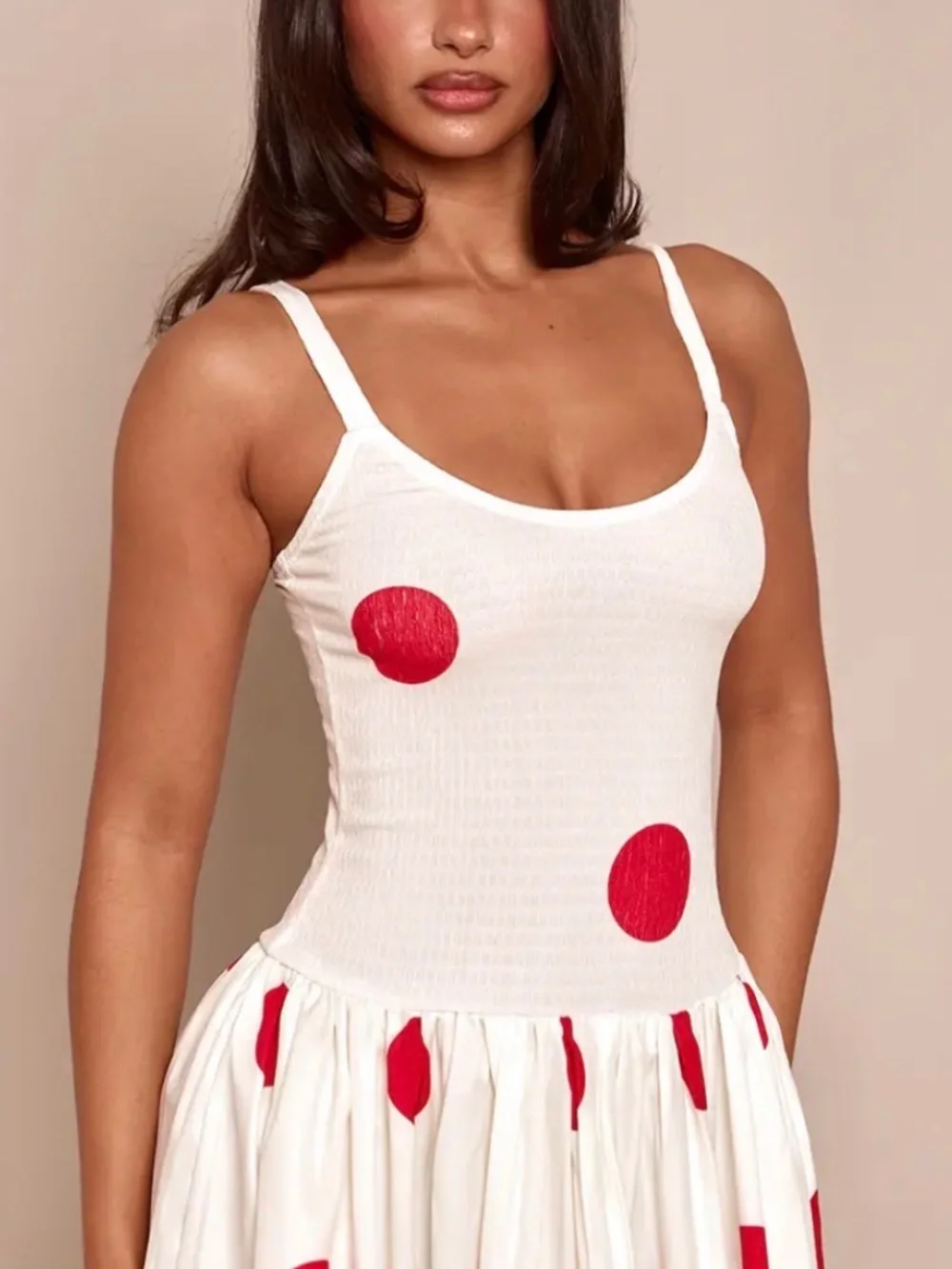 PETITE PRETTY LITTLE THING CREAM POLKA DOT SHIRRED DROP WAIST MAXI DRESS